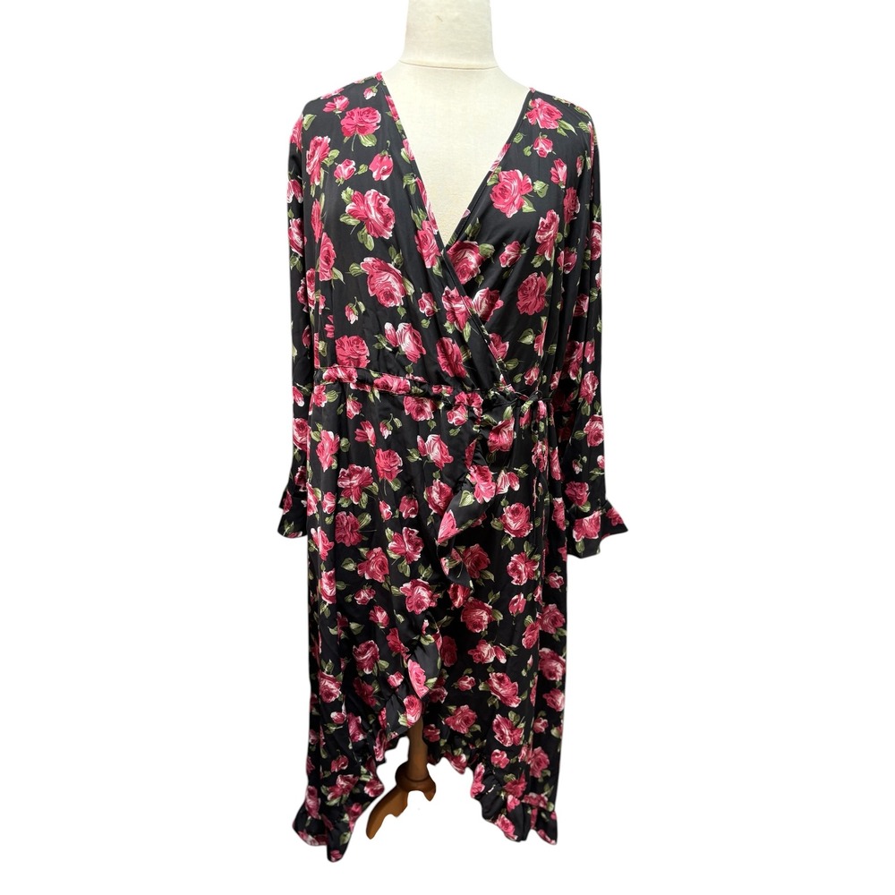 Boohoo Floral Wrap Dress Pink Rose Print High Low Ruffle Hem Black US 18 NEW #K4